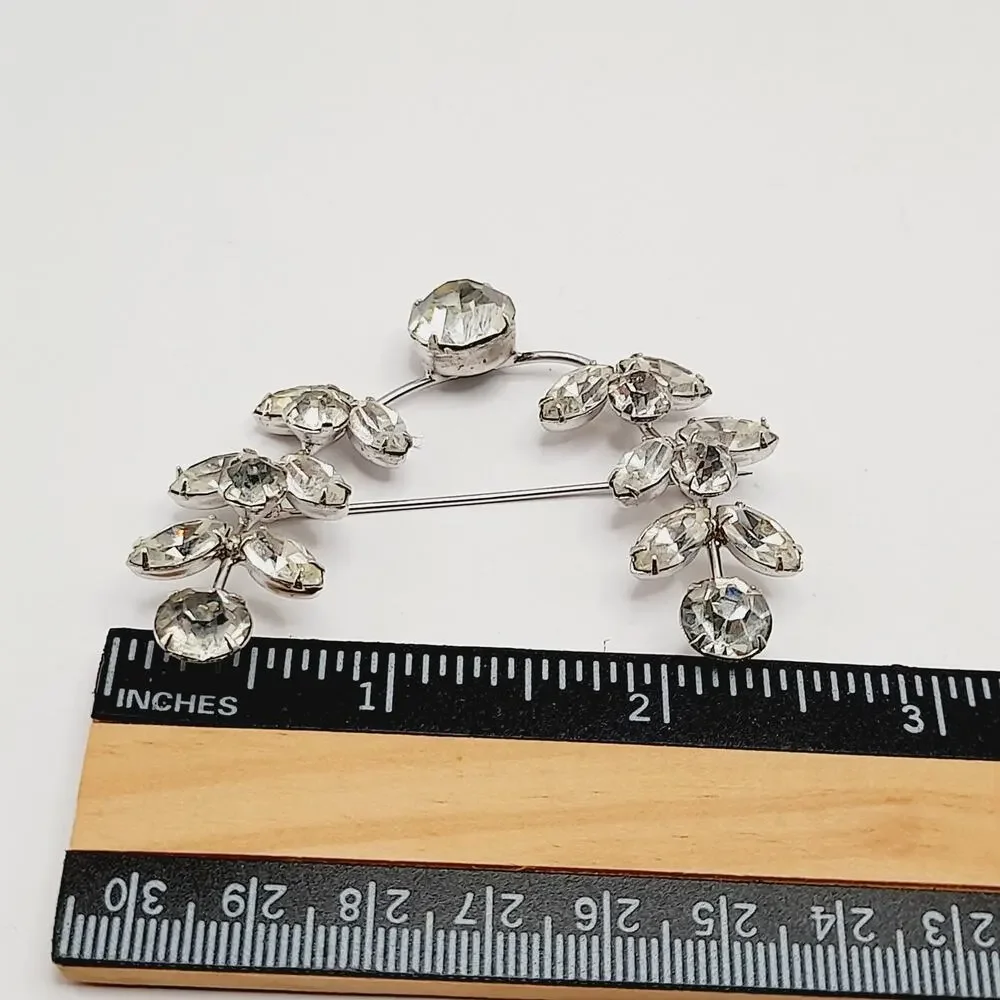 Vintage Clear Rhinestone Brooch Mid-Century Silver Tone Wedding Pin 2 1/2 Inch